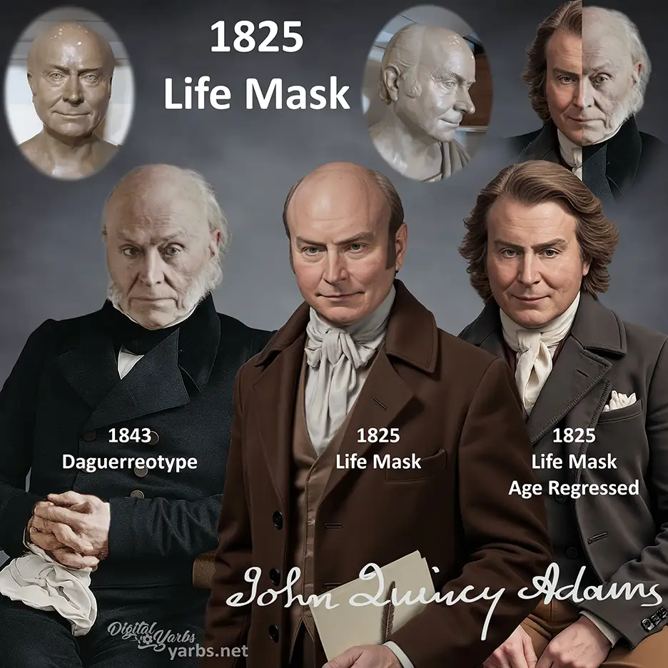 John Quincy Adams through his ages, daguerreotype, life mask, de-aged life mask.