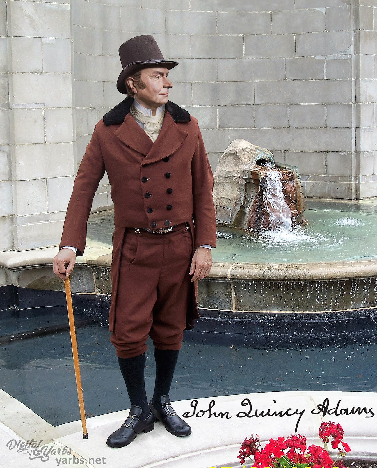 John Quincy Adams standing by a water fountain