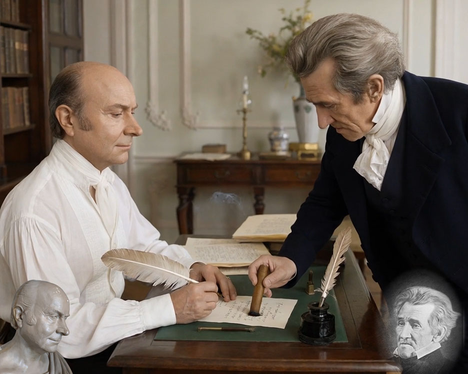 Andrew Jackson walks in and put out his cigar on Adams' paper.