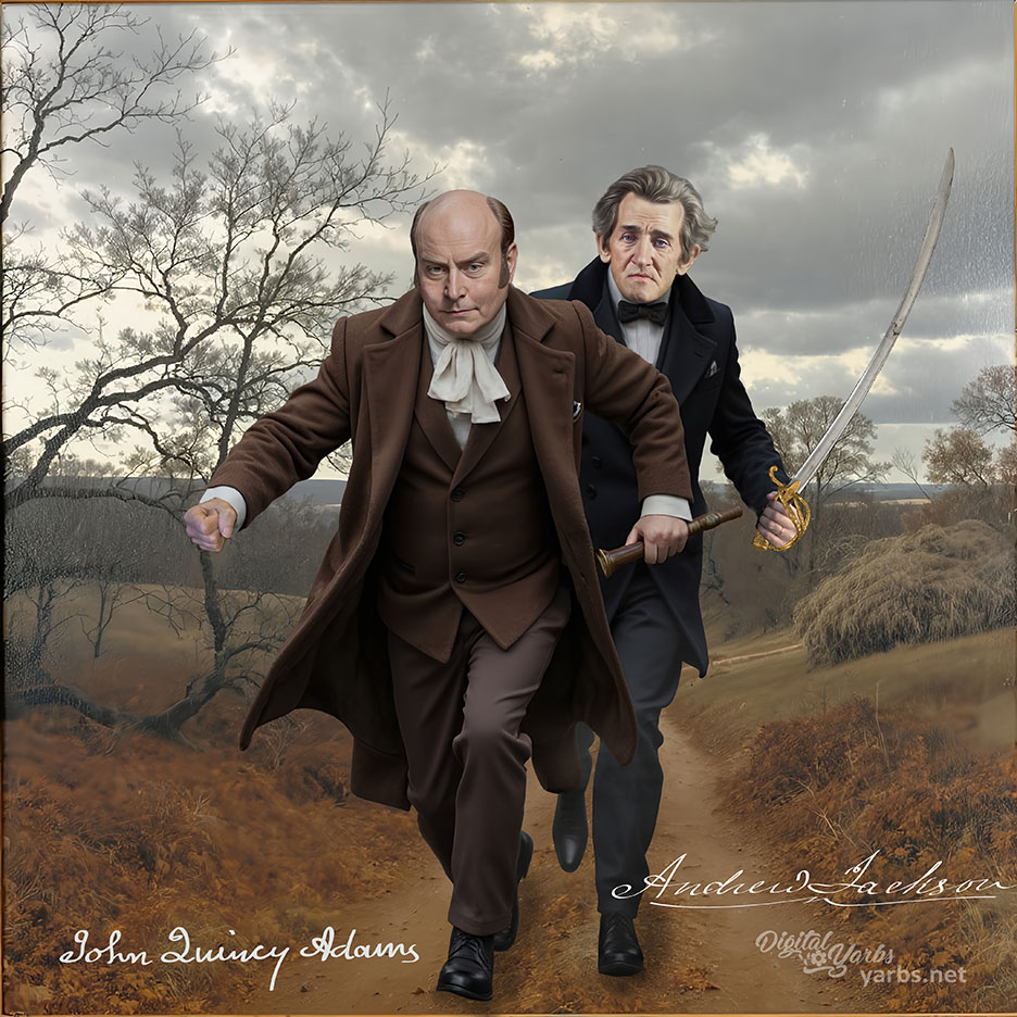 Andrew Jackson chases John Quincy Adams with his sword