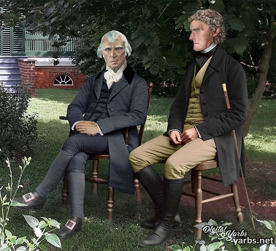 A photograph of James Madison and Thomas Jefferson sitting in the shade at Monticello.