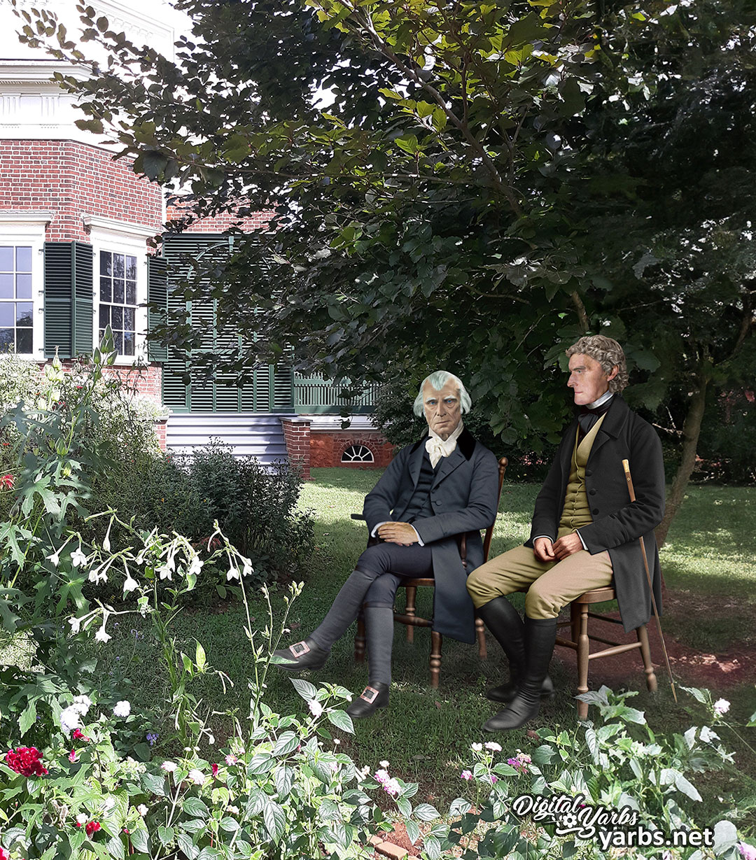 Zoomed out view of the photograph of James Madison and Thomas Jefferson sitting in the shade at Monticello.