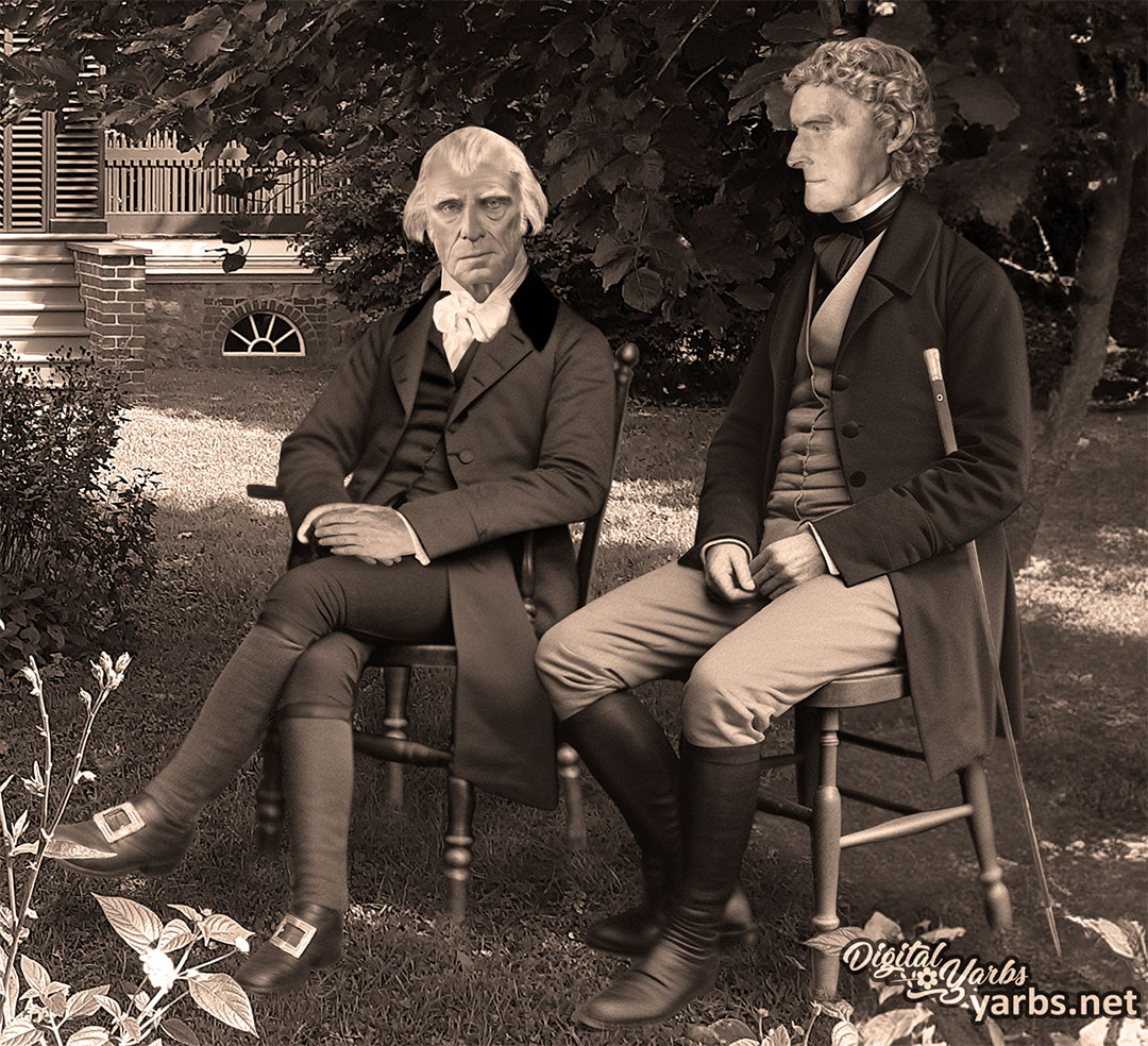 Sepia photograph of James Madison and Thomas Jefferson sitting in the shade at Monticello.